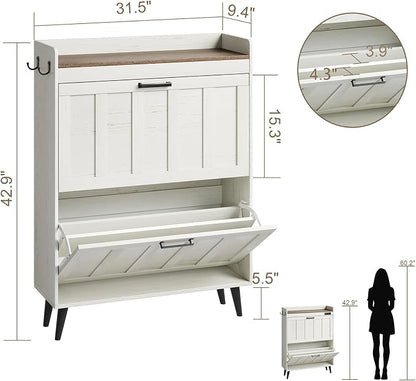 ChooChoo Shoe Storage Cabinet with 2 Flip Drawers, Farmhouse Shoe Organizer Storage for Entryway, Freestanding Hidden Slim Narrow Shoe Rack Cabinet, Antique White & Brown