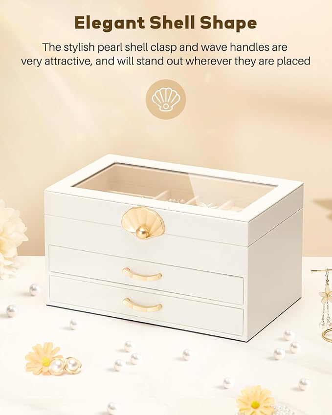 Jewelry Box with 2 Drawers: Display Organizer for Earrings Necklaces - Gift for Girls Women (White)