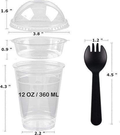 Zezzxu 50 Pack 12 oz Disposable Parfait Cups with Dome Lids No Hole, Toppings Compartment and Spork, Yogurt Conatiner with Granola Holder for Take Away Breakfast and Snacks, No Leaking