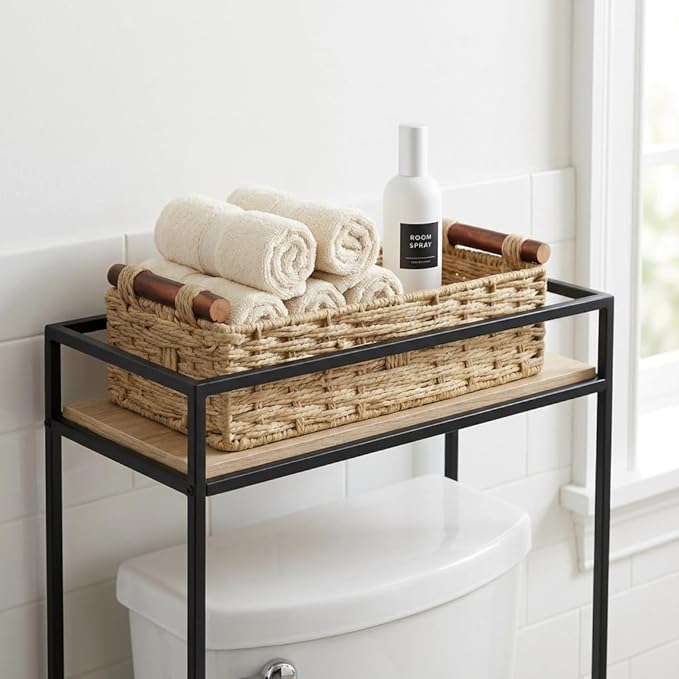 Toilet Tank Basket, Khaki Wicker Storage Basket with Wooden Handles, Handwoven Paper Rope Toilet Tank Organizer, Basket for Top of Toilet, Bathroom Countertop Baskets for Organizing
