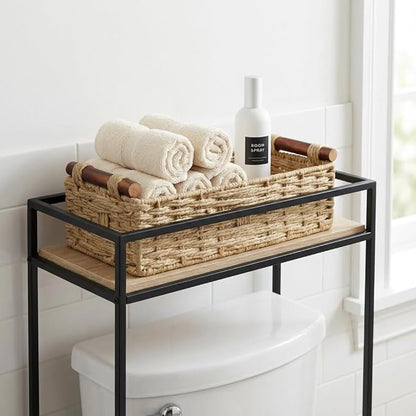 Toilet Tank Basket, Khaki Wicker Storage Basket with Wooden Handles, Handwoven Paper Rope Toilet Tank Organizer, Basket for Top of Toilet, Bathroom Countertop Baskets for Organizing