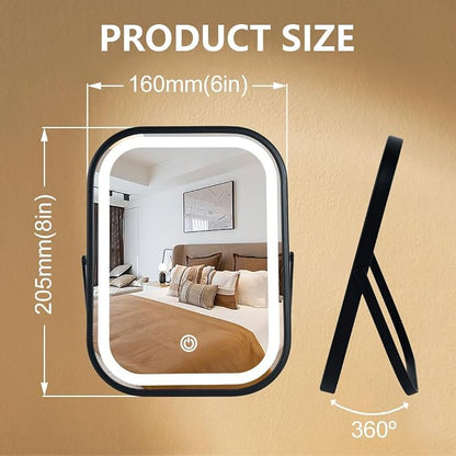 YEKKOPT Travel Mirror with Lights, Small LED Makeup Mirror with Lights,Portable Desk Mirror 1200mAh Battery,3 Color Modes,Dimmable Touch Screen, Tabletop Folding Compact Mirror,Women Gift