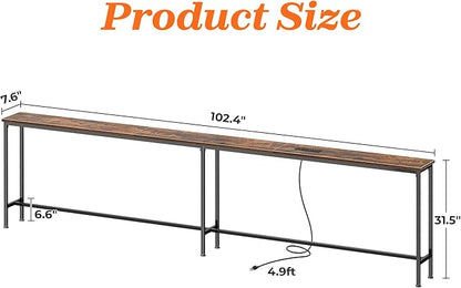 SUPERJARE 102.4 Inch Sofa Table with Power Outlets and USB-C Port, 5.9 Inch Narrow Console Tables, Entryway Hallway Couch Tables with Storage, Behind Sofa, Small Spaces, Living Room, Rusitc Brown