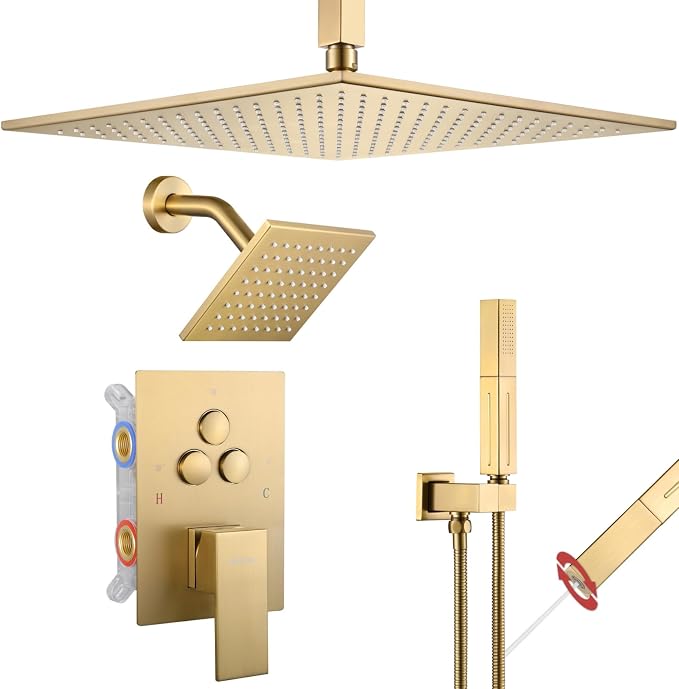 VANFOXLE Shower Faucet Set Brushed Gold Shower System, Push Button Diverter Shower Faucet with Trim Kit, Ceiling Mount 16 Inch Shower Head Increased Thick, 6 Inch Side Shower Head, 2-in-1 Handheld