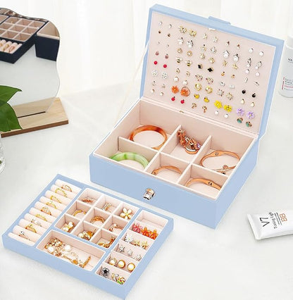 QBestry Girls Jewelry Box Earring Holder Organizer for Girls Jewelry Organizer Box Stud Earrings Organizer for Girls Womens Blue Jewelry Box for Earrings and Necklaces Rings Stud Earrings Box for Teen