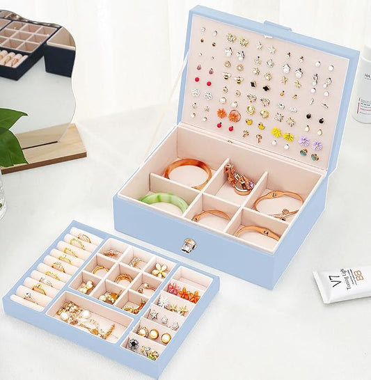 QBestry Girls Jewelry Box Earring Holder Organizer for Girls Jewelry Organizer Box Stud Earrings Organizer for Girls Womens Blue Jewelry Box for Earrings and Necklaces Rings Stud Earrings Box for Teen