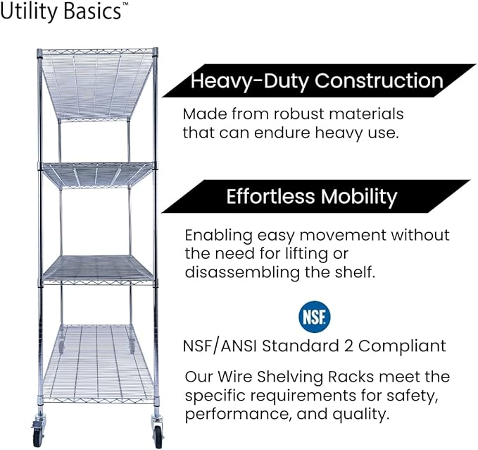 Utility Basics NSF Commercial 4-Tier Wire Shelving with Wheels, 60"x24"x72" Heavy Duty Metal Shelves 3200 lbs Max Capacity, Chrome Storage Rack for Garage Kitchen Pantry Warehouse
