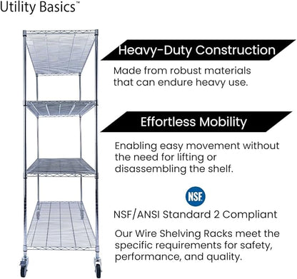 Utility Basics NSF Commercial 4-Tier Wire Shelving with Wheels, 60"x24"x72" Heavy Duty Metal Shelves 3200 lbs Max Capacity, Chrome Storage Rack for Garage Kitchen Pantry Warehouse