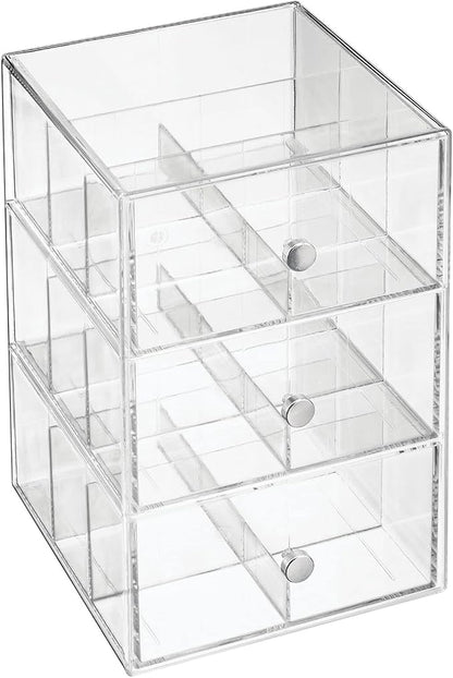 mDesign Plastic Wide Kitchen Pantry, Cabinet, Countertop Organizer Storage Station with 3 Drawers for Coffee, Tea, Sugar Packets, Sweeteners, Creamers, Drink Pods, Packets; 18 Sections - Clear