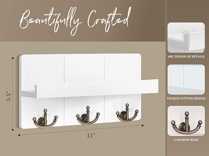 Rebee Vision Key Holder for Wall with Shelf: Elegant Farmhouse Mail Organizer with Decorative Floating Shelf and 3 Anchor Key Hooks for Wall - Retro Key Hangers for Entryway Decor (Rustic White)