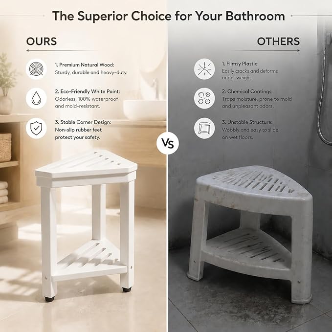 Shower Foot Rest 15 in, Acacia Shower Stool for Shaving Legs,Corner Bath Shower Bench with Starage Shelf for Inside Small Shower Spaces - White