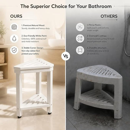 Shower Foot Rest 15 in, Acacia Shower Stool for Shaving Legs,Corner Bath Shower Bench with Starage Shelf for Inside Small Shower Spaces - White