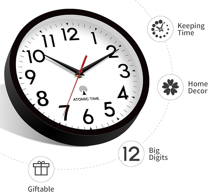 DAXSMY Atomic Wall Clock Analog 10 Inch Battery Operated Modern Decorative for Living Room Kitchen Office Bedroom Bathroom(Black)