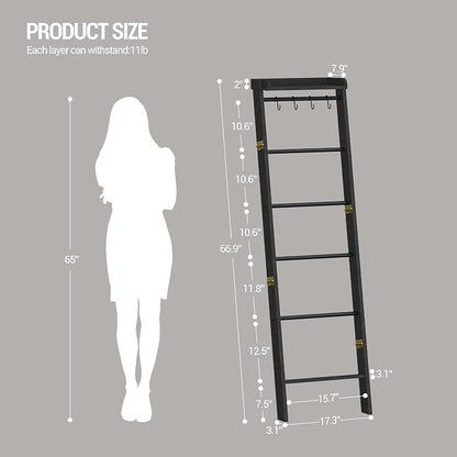 Hzuaneri Blanket Ladder Shelf, Decorative Quilt Rack, 7-Tier Farmhouse Ladder Holder Organizer with 4 Removable Hooks 7.9" D x 17.3" W x 66.9" H, Black BR36804B