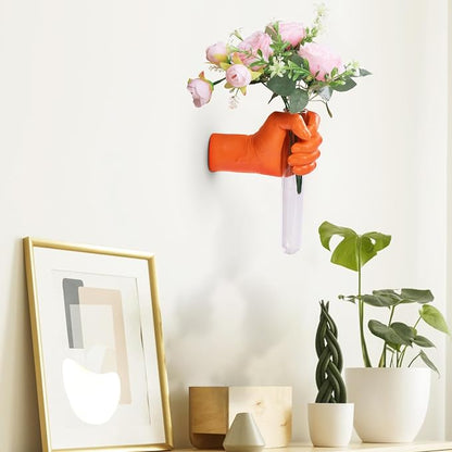 Orange Wall Sculptures, Hand Vases Home Decor, Wall Mount Art Sculpture, Unique Wall Art Statue, Funky Flower Vase Decorations, Modern Eclectic Hanging Decor,Glass Test Tube Vase (Orange)