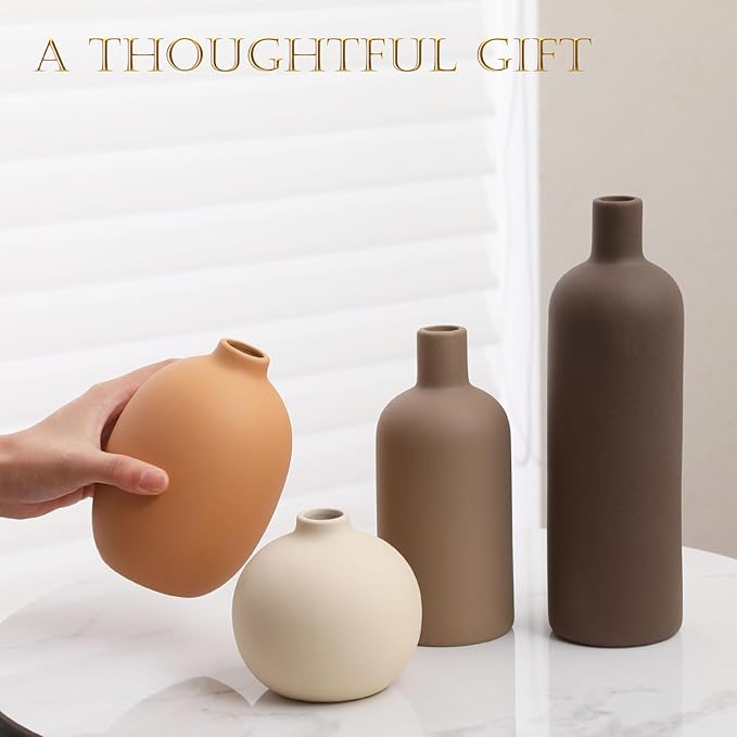 Ceramic Vase Set of 4 - Handcrafted Ceramic Vases for Home Decor & Shelf - Modern Farmhouse Decor for Kitchen, Office, Bedroom & Living Room Decorative Objects for Mantel, Table Centerpieces