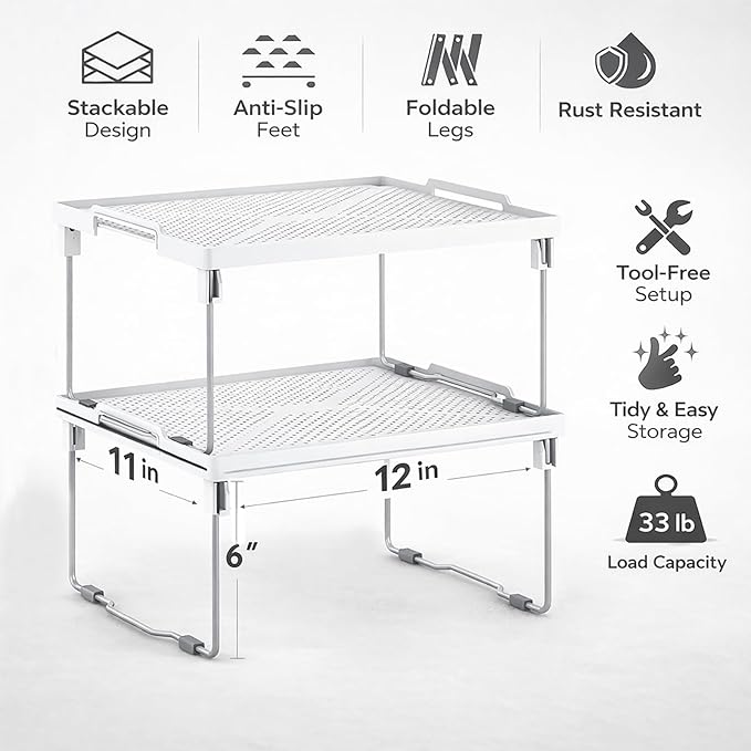 ums Kitchen Shelves Cabinet Organizer, Stackable Freezer Rack, Cupboard Box Organizer, Shelf Riser, Usable Storage Rack for Spice, Fridge Shelf Riser, (12x11 inch), Pack of 2