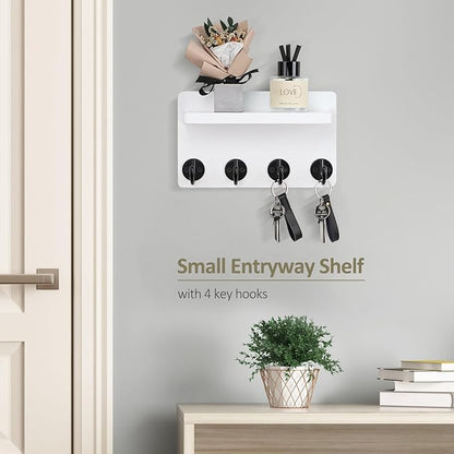 Nekon Key Holder Wall Mount, 8.5 Inch Small Home Decor Wooden Wall Organizer with 4 Hooks and Shelf, Wall Decor for Living Room Entryway Kitchen (White)