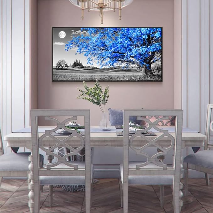 Black Framed Canvas Wall Art For Living Room & Office - Large Size Blue Moon Tree Scenery - 20" X 40"