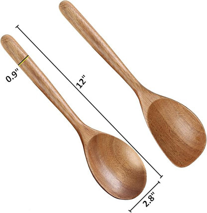 MornHalo 2PCS Acacia Wooden Spoons For Cooking 12-inch Smooth Finish Corner Spoon And Cooking Spoons-Comfortable Grip Wood Spoons for Cooking - Non-Stick Wooden Cooking Utensils