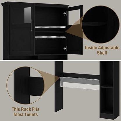 Vabches Over The Toilet Storage Cabinet, Storage Cabinet Over Toilet with Double Doors & Toilet Paper Holder Stand, Freestanding Toilet Shelf Space Saver with Anti-Tip Design & Adjustable Shelf, Black