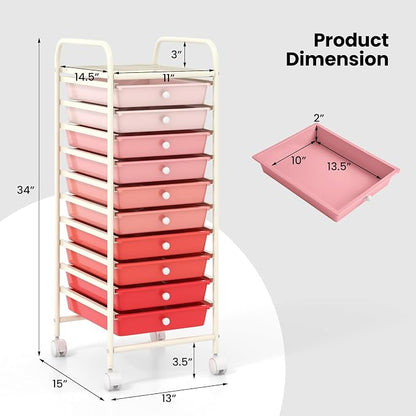 COSTWAY 10-Drawer Rolling Storage Cart, Utility Mobile Trolley with Removable Drawers & Universal Casters & 2 Brakes, Versatile Flexible Drawer Organizer Cart for Home, Office, Mixed Pink