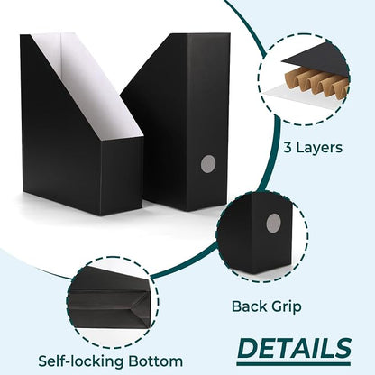 EXYGLO 12 Pack Black Magazine File Holder, Cardboard Magazine Rack with Label, Foldable Storage Organizer Box for Book, Documents, 9.9x3.3x12 Inches