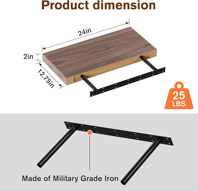 JPND Floating Shelf, Set of 2 Wall Shelf, 24 in W x 12.75 in D x 2 in H Wooden Floating Wall Shelf with Invisible Brackets for Living Room/Bedroom/Bathroom/Kitchen Storage and Decor, Walnut