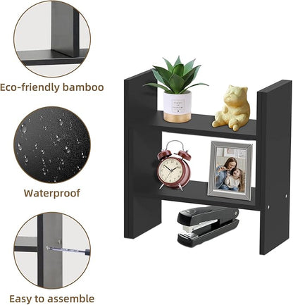 TY ARTS & CULTURE - Expandable Wood Desktop Storage Organizer Multipurpose Desk Bookshelf Display Shelf Rack Counter Top Bookcase for Office Home | Black