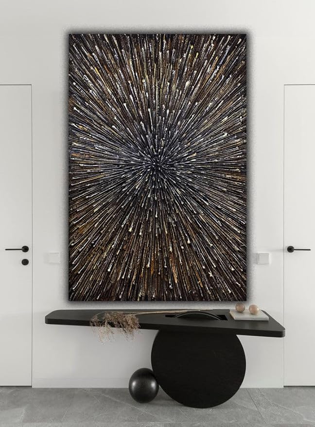 moshinart 24 x 36in Hand-Painted Oil Painting 3D Texture Sense of Space Gold Firework Modern Minimalist Colorful Abstract Wall Art, Home Office Wall Decoration Gold
