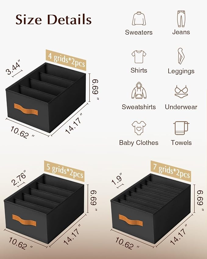DIMJ Wardrobe Clothes Organizer - 4/5/7 Grids Foldable Closet Drawer Organizer Dividers for Jeans, Pants, Sweater, T Shirt, Storage Bins with Handles for Shelf