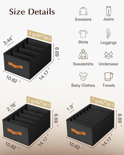 DIMJ Wardrobe Clothes Organizer - 4/5/7 Grids Foldable Closet Drawer Organizer Dividers for Jeans, Pants, Sweater, T Shirt, Storage Bins with Handles for Shelf