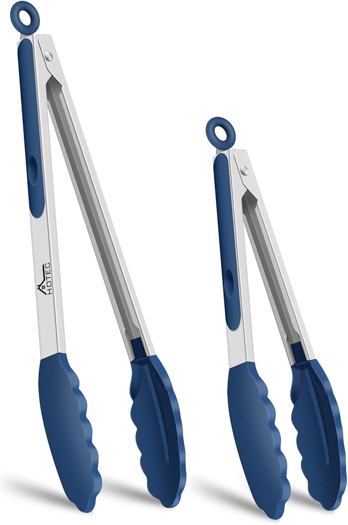 HOTEC Premium 7 & 9 Inch Kitchen Tongs, Stainless Steel Locking Cooking Tongs with Silicone Tips, Non-Scratch & Heat Resistant, Serving Tongs for Salad, BBQ, Classic Blue, Set of 2