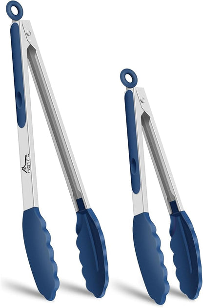 HOTEC Premium 7 & 9 Inch Kitchen Tongs, Stainless Steel Locking Cooking Tongs with Silicone Tips, Non-Scratch & Heat Resistant, Serving Tongs for Salad, BBQ, Classic Blue, Set of 2
