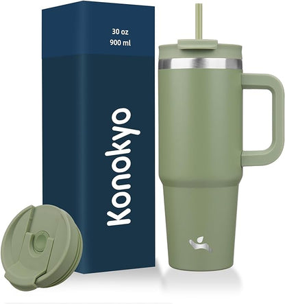 30 oz Tumbler with Handle and 2 Straws,2 in 1 Lid Insulated Water Bottle Stainless Steel Travel Coffee Mug,Army Green