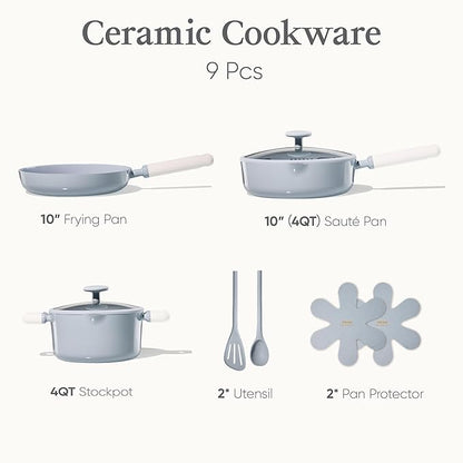 CAROTE Pots and Pans Set Nonstick, Ceramic Cookware Set, Blue Cooking Set Kitchen Induction Set with Steamer, PFAS PTFE Free,9 Piece