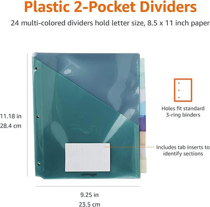 Amazon Basics Tab Dividers for 3 Ring Binder, Two Pocket, Letter Size, Transparent Assorted Colors, 24 Count