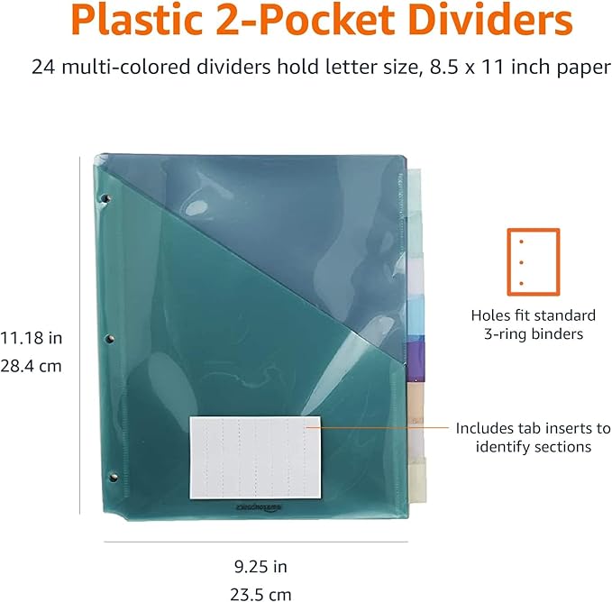 Amazon Basics Tab Dividers for 3 Ring Binder, Two Pocket, Letter Size, Transparent Assorted Colors, 24 Count (Pack of 2)