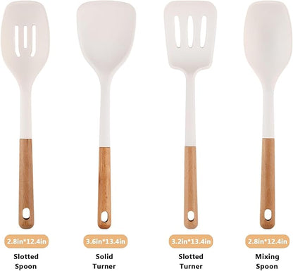 IOCBYHZ Silicone Kitchen Utensils Set of 4, Large Non-Stick Cooking Utensil Set w Wooden Handle Food Grade Heat Resistance Turner Spoon Silicone Cooking Kitchen Gadgets BPA Free for Nonstick Cookware