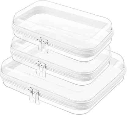 Topfinder Clear Hard Shell Zipper Case,Clear Toy Storage Pouch,Waterproof Transparent Organizer Comestic Case for Travel, Office, Home(White, M+2*S)