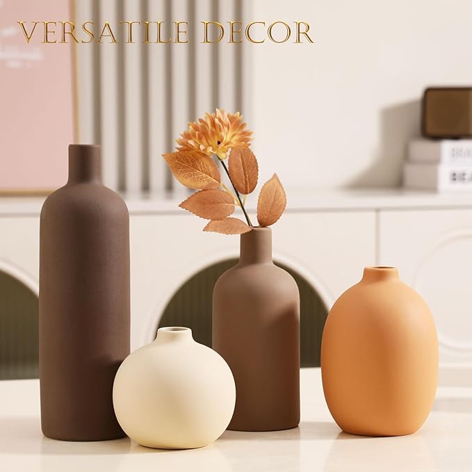 Ceramic Vase Set of 4 - Handcrafted Ceramic Vases for Home Decor & Shelf - Modern Farmhouse Decor for Kitchen, Office, Bedroom & Living Room Decorative Objects for Mantel, Table Centerpieces