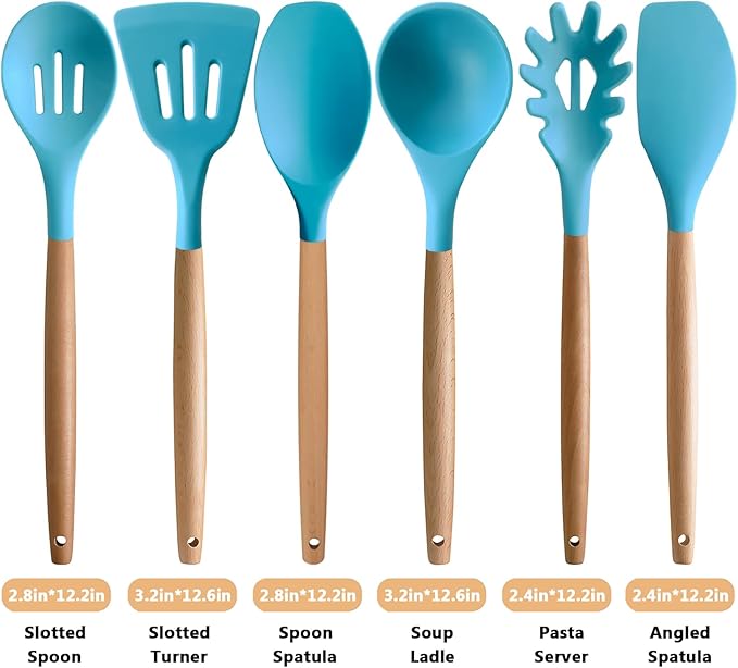 IOCBYHZ Kitchen Utensils Set 6-Piece Non-Stick Silicone Cooking Utensils Set, Wood Handle Heat Resistant Spatula Spoon Turner Ladle Pasta Server Cooking Kitchen Gadgets BPA Free for Nonstick Cookware
