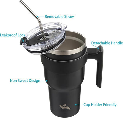 30 oz Tumbler with Handle and 2 Straw 2 Lid, Insulated Water Bottle Stainless Steel Vacuum Cup Reusable Travel Mug,Black