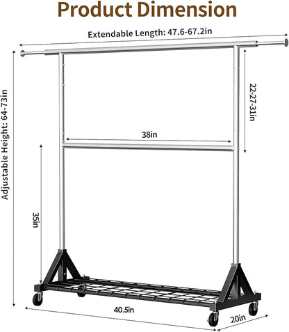 Luxspire Heavy Duty Clothes Rack Load 600 LBS, Double Rod Clothing Rack, Rolling Garment Racks with Lockable Wheels, Shelves, Adjustable Laundry Hanging Racks for Clothes
