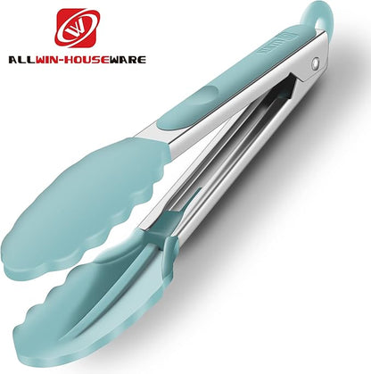 2 Pack Silicone Kitchen Tongs – 9" & 12" Set, Heat Resistant up to 500°F, Non‑Stick Cookware Safe, Wavy Silicone Tips, BPA Free, Locking Clip & Hanging Loop, Aqua Sky