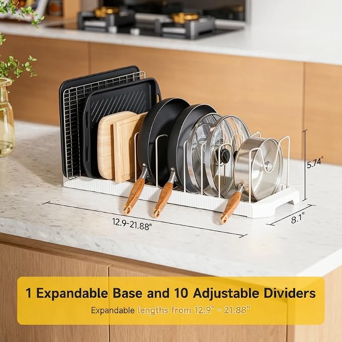MUDEELA Pots and Pans Organizer under Cabinet, Expandable Rack with Pot Lid Holder and 10 Adjustable Dividers, Pan Organizers inside Cabinet for Kitchen Organization, Cutting Boards, Baking Sheets