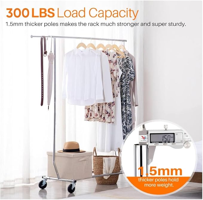 HOKEEPER Clothes Rack with Lockable Wheels Height Adjustable Clothing Rack Clothing Rack 300LBS Commercial Grade Portable Closet for Bedroom, Living Room, Laundry, Balcony, Silver