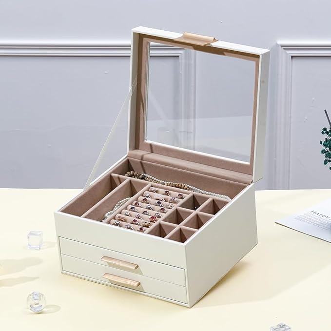 Jewelry Boxes with Glass Lid Display PU Leather Elegant Jewelry Organizer Women Multiple Drawers Stylish Storage Men for Rings Necklaces Accessories GY807 (White)