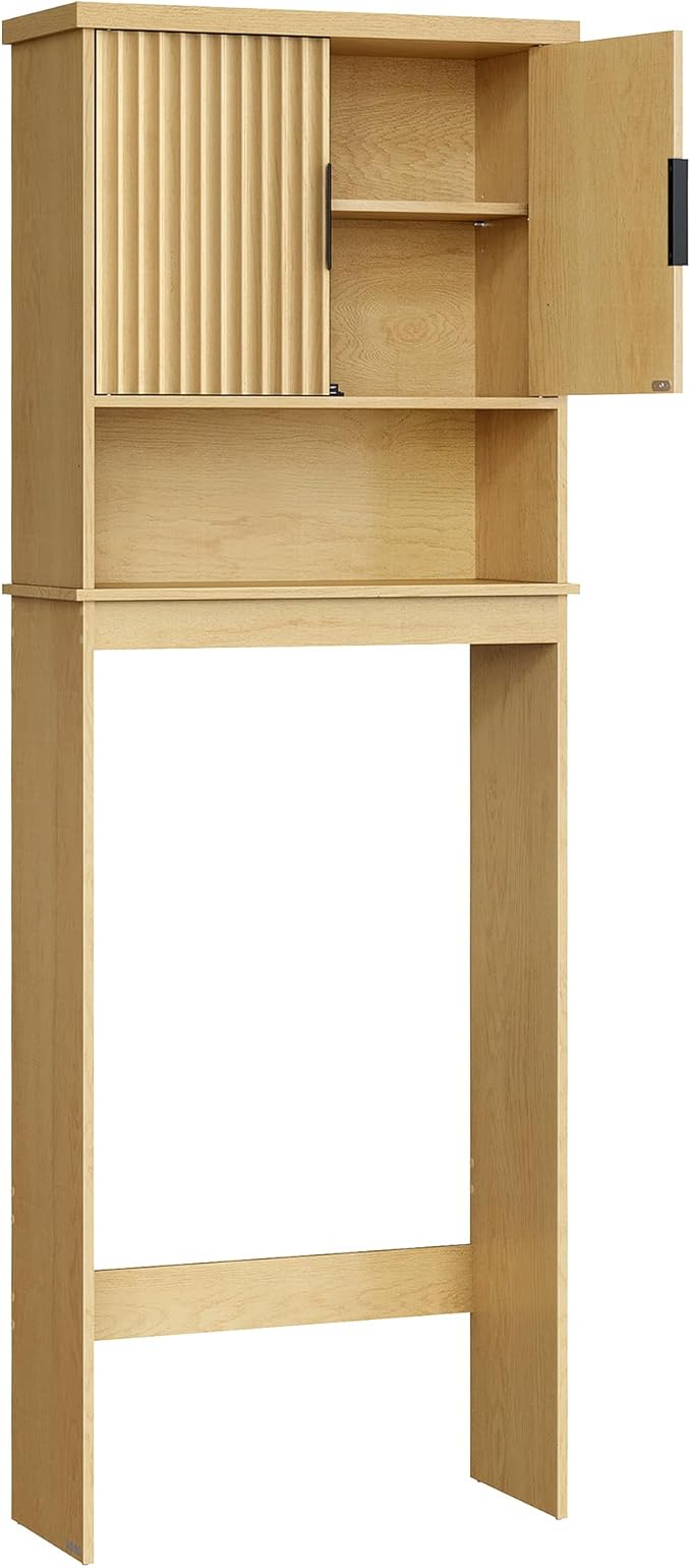 VASAGLE MAXE Collection - Over The Toilet Storage Cabinet, 23.6-Inch Wide Mid Century Modern Bathroom Organizer with Fluted Doors, Adjustable Shelf, Space-Saving, Oak Beige UBTS028YC01S