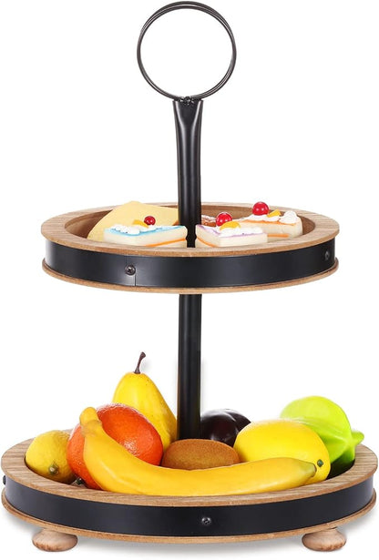 Urban Deco Wood Tiered Tray - 2-Tiered Farmhouse Serving Tray with Metal Handle for Kitchen Counter or Living Room Table